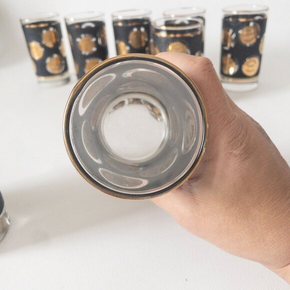 Vintage Libbey black textured 22-karat gold coin glasses MCM 1960s barware (9) - Picture 5 of 16